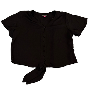 Vince Camuto V-Neck Button Tie Blouse Black Short Sleeve Top Sz L